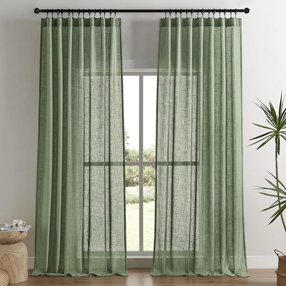 Olijfgroene linnen gordijnen voor woonkamer 228 cm lengte 2 panelen set, semi-transparante gordijnen 228 cm lang, knijpen geplooide lange raambehandelingen gordijn en gordijnen (132 x 228 cm,