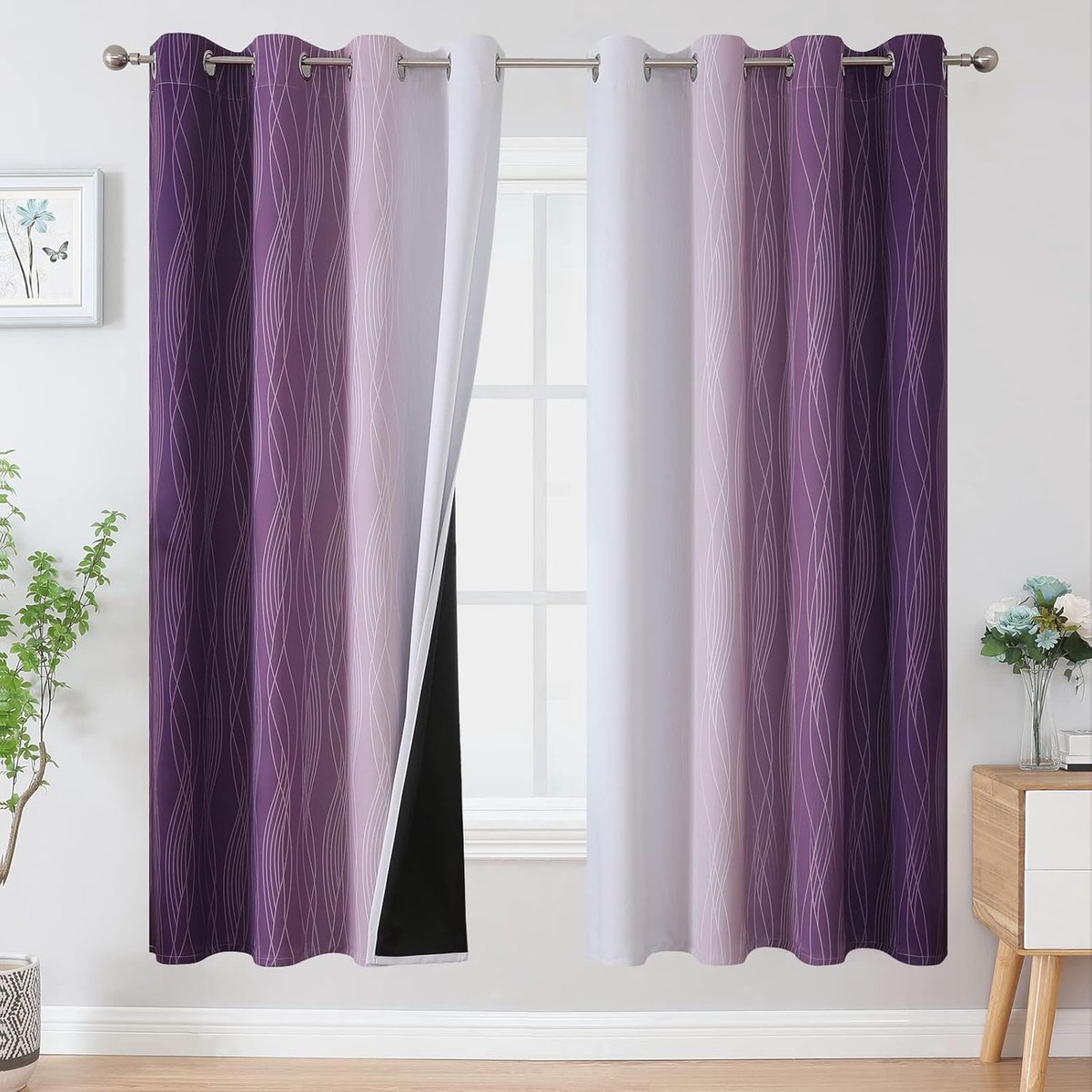 ombre gordijnen met ringen, woonkamer geluidsisolatie, kleurverloop thermogordijn tegen koude dicht, verduisterend gordijn 183 cm lang, H 183 x B 132 cm, paars en wit, set van 2
