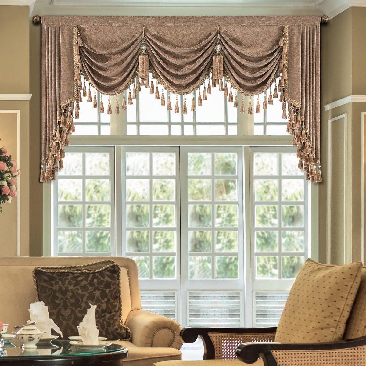 Valance for Windows, Damask Waterfall Valance with Tassels, Short Curtain for Bedroom Living Room Kitchen, Rod Pocket (W79, Coffee)