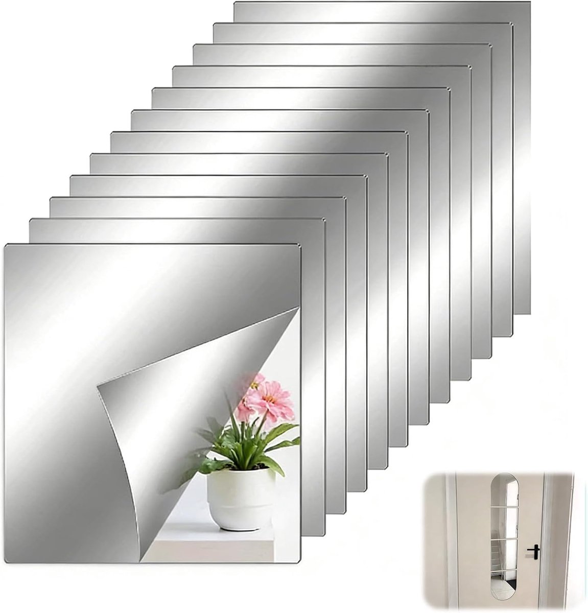 Set van 12 zelfklevende wandspiegels, 20 x 20 cm, flexibele en lichte stickers, doe-het-zelf wanddecoratie voor badkamer, slaapkamer, woonkamer, hal en sportruimte, zelfklevende wandspiegel