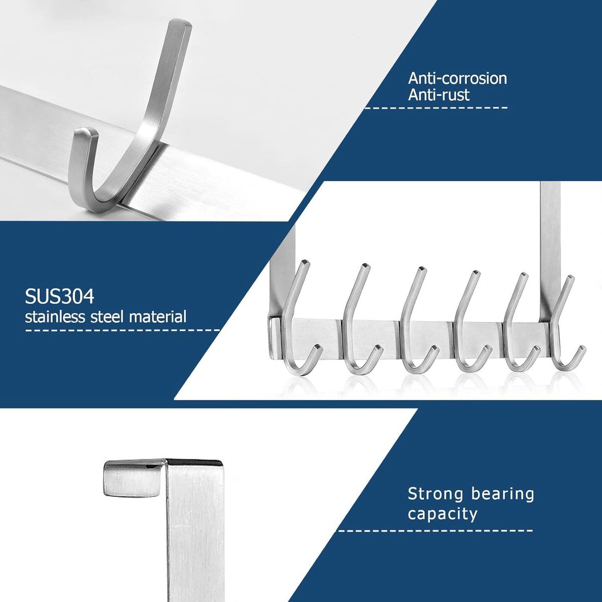 Deurkapstok met 6 haken, SUS304 roestvrij staal, voor slaapkamer, badkamer, keukendeur (zilver, dikte 2,1 cm)