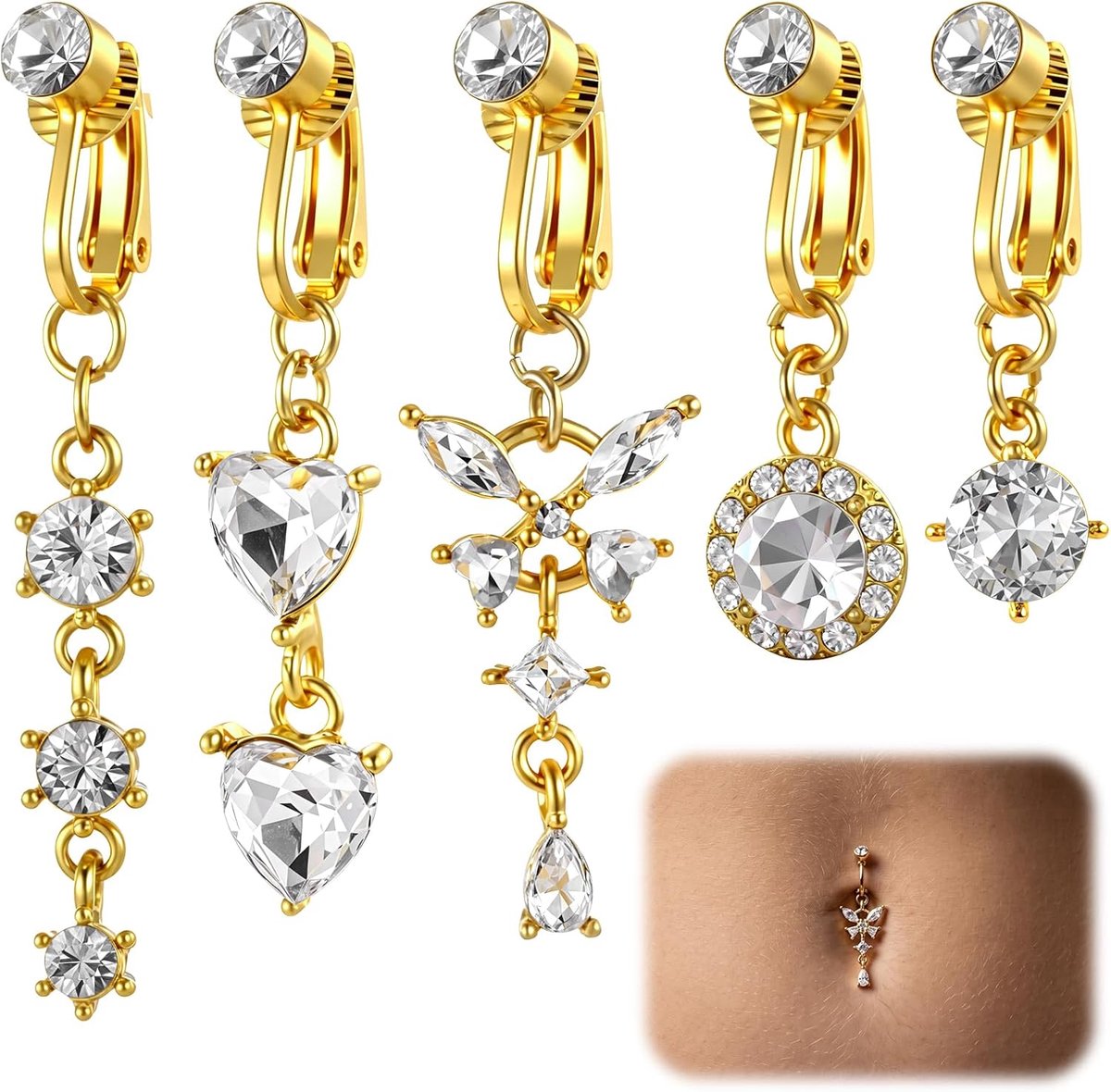 5 stuks nepnavelpiercing met zirkonia, gouden clip op navelringen, nep buikknopring, niet-piercing