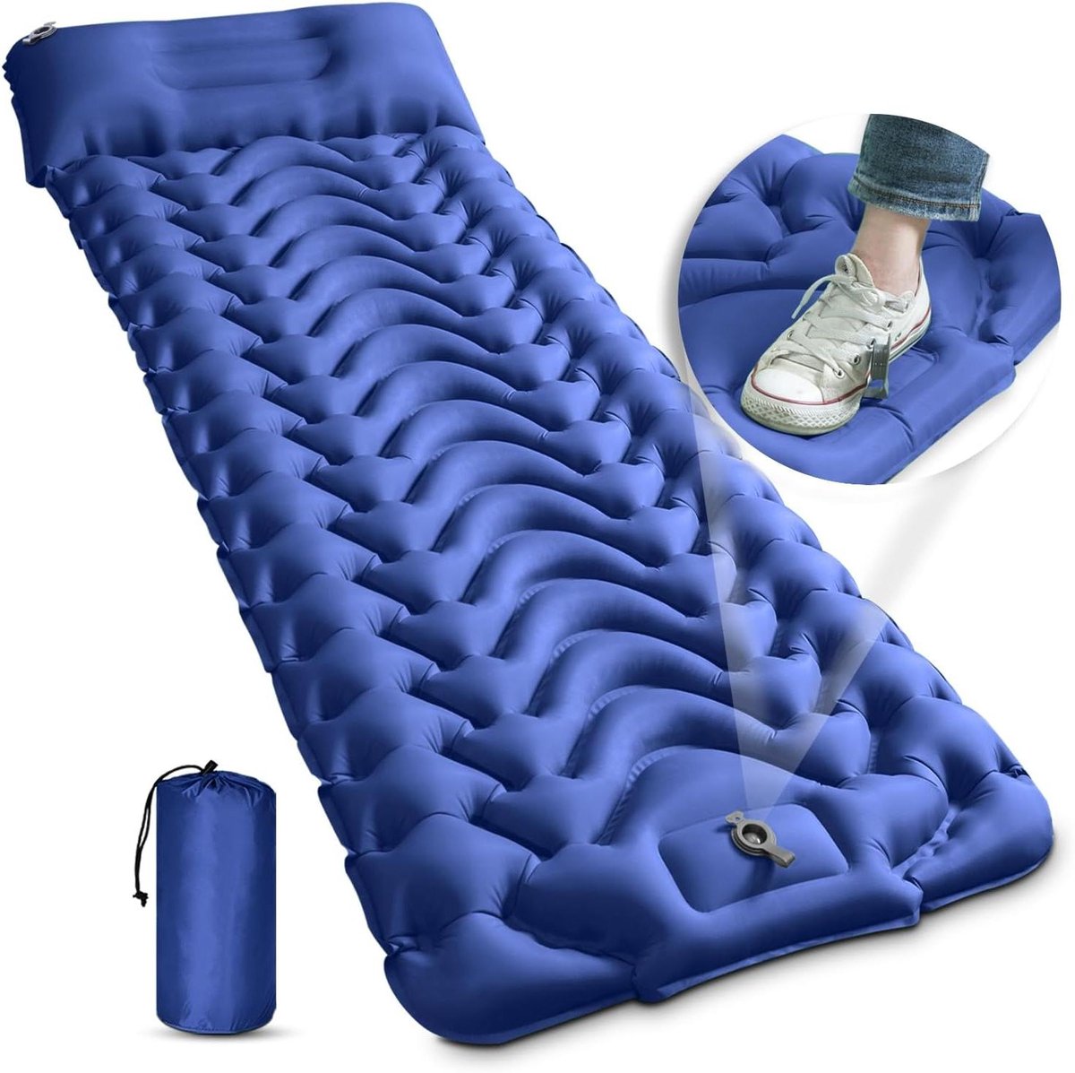 Opblaasbaar Slaapkussen - Luchtmatras Kamperen - Outdoor Slapen - Ingebouwde Voetpomp - 200 x 70 cm - Marineblauw