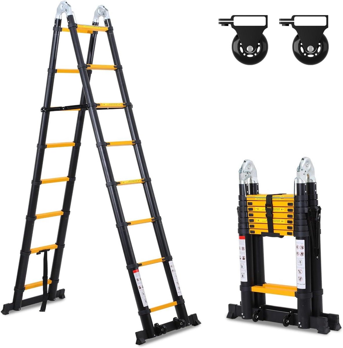 Telescopische Ladder - Vouwladder Aluminium - Klusklare Hulp - Vingerveiligheid Instelling - 5 Meter Uitschuifbaar - Zwart Geel