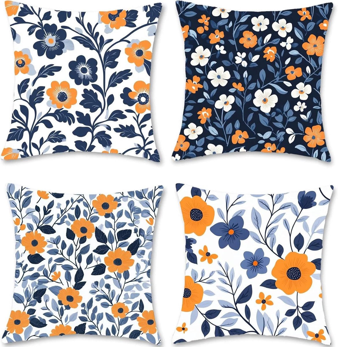 Kussensloop, 50 x 50 cm, oranje, bankkussen, waterdicht, linnen, bloem, kussenovertrek, set van 4 decoratieve kussens met verborgen ritssluiting, voor bank, woonkamer, thuis, decoratie S1-366
