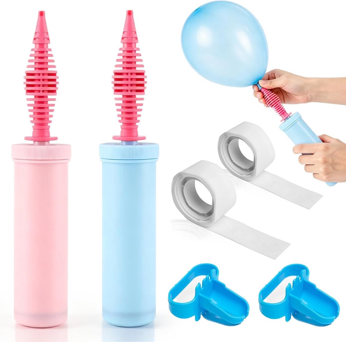 2 Stuks Ballonnen Pomp Voor Huwelijksfeest, Draagbaar Ballon Pomp Handbediende, Balloninflator Pompen met 2 Geknoopte Oogjes en 2 Rollen Plakstippen, Willekeurige Kleur