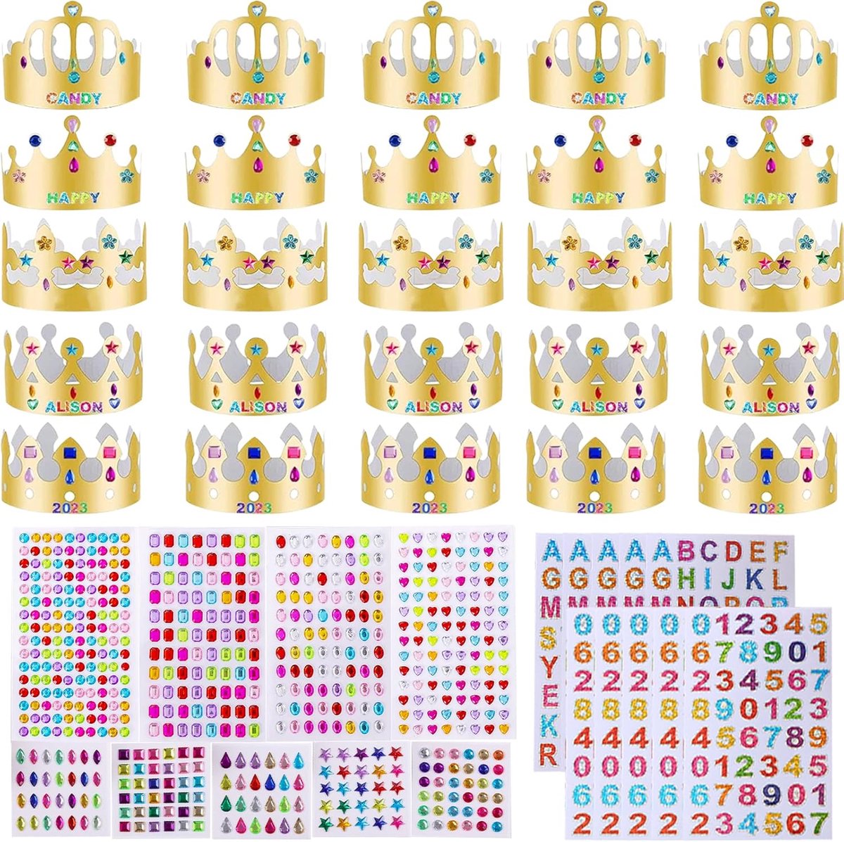 25 stuks papieren kronen, gouden papieren feesthoeden met 9 vellen strass sticker en 10 vellen cijferbriefsticker, Goden papier feest kroon koning kroon hoeden doe-het-zelf prinses prins kroon set