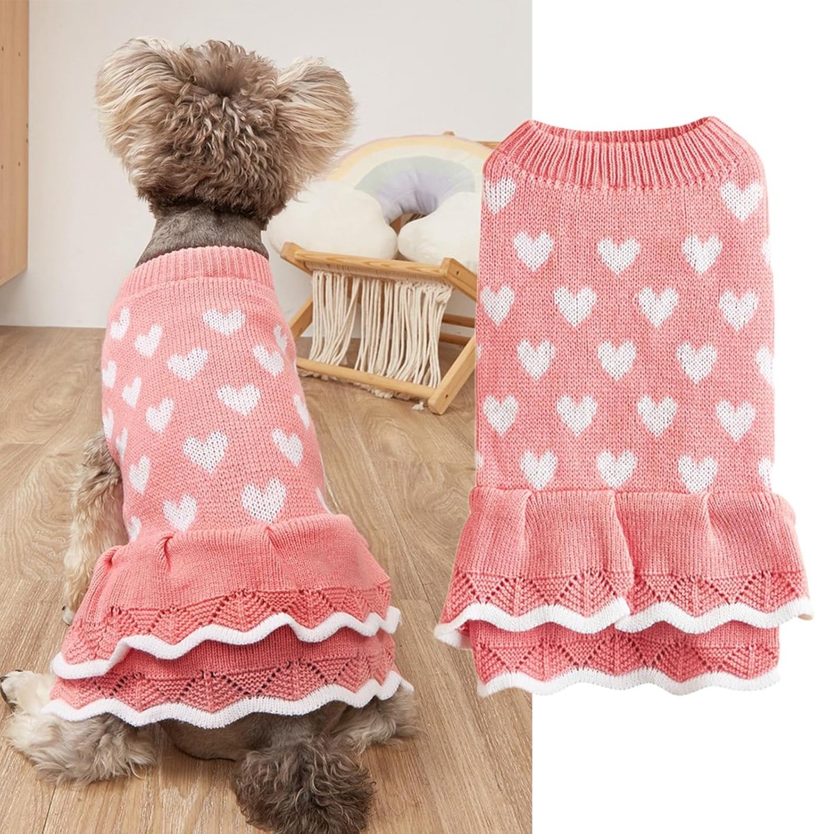Valentijnsdag Hondentrui Kleine Medium Katten Honden Rood Roze Hartjurk Huisdier Winter Coltrui Trui Gebreide Kleding (Roze, M)