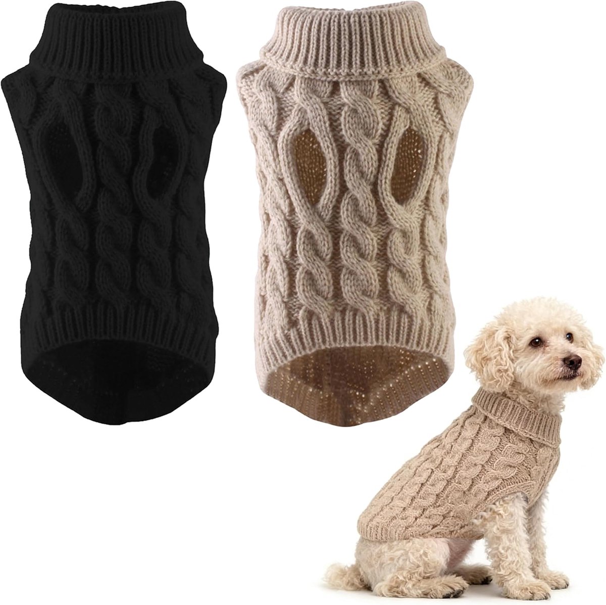 Truien met rolkraag, wintertrui, gestreept, van mesh, voor kleine honden en katten, vest van zacht acryl voor puppy's (beige + zwart)