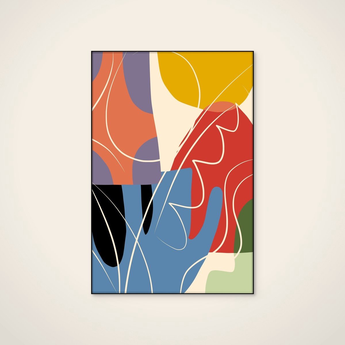 Akoestisch schilderij - 60 x 90 cm - Colorful Organic Abstraction van Little Dean - Abstracte wanddecoratie - zwart textielframe
