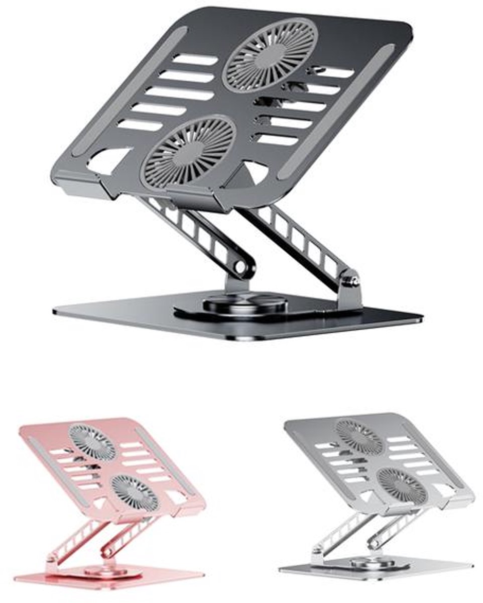 KZQ Laptopkoelstandaard – Uitgerust met 360° draaibare dubbele ventilatoren, in hoogte verstelbaar – Gemaakt van aluminiumlegering – Geschikt voor thuis, op kantoor en voor gaming – Compatibel met laptops van 11–17 inch – Gunmetalgrijs
