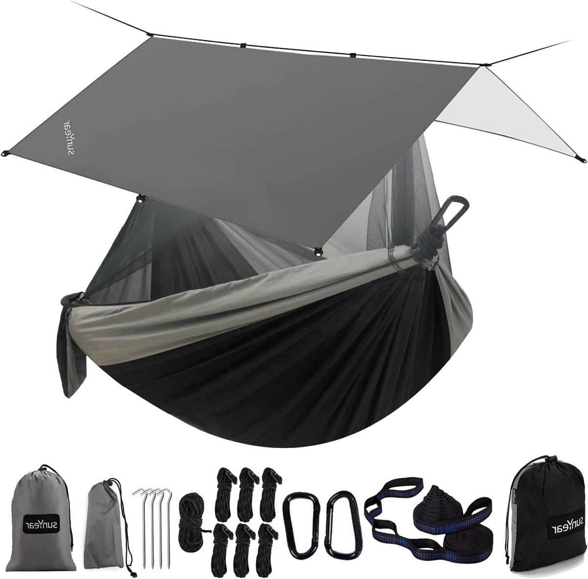 Hangmat met Regenhoes - Kampeer Hangmat - Buiten Ontspannen - Inclusief Net en Vliegzeil - 2 Persoons - Zwart/Grijs
