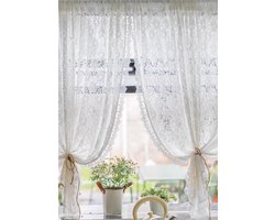 Jacquard Net Gordijnen - Lace Look Vitrage - Woonkamer Decoratie - Romantisch Bloemendessin - 245x140cm - Wit