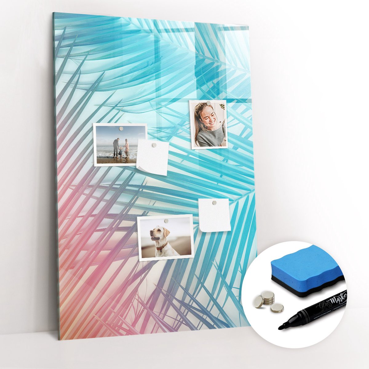 Tulup Whitebord - Palmbladeren - 60 x 90 cm - Blauw Magnetisch Memobord - Gratis 5 Sterke Magneten + Whiteboard Marker & Wisser - Wanddecoratie Kantoor - Magnetisch Bord - Inspiratiebord Kantoor