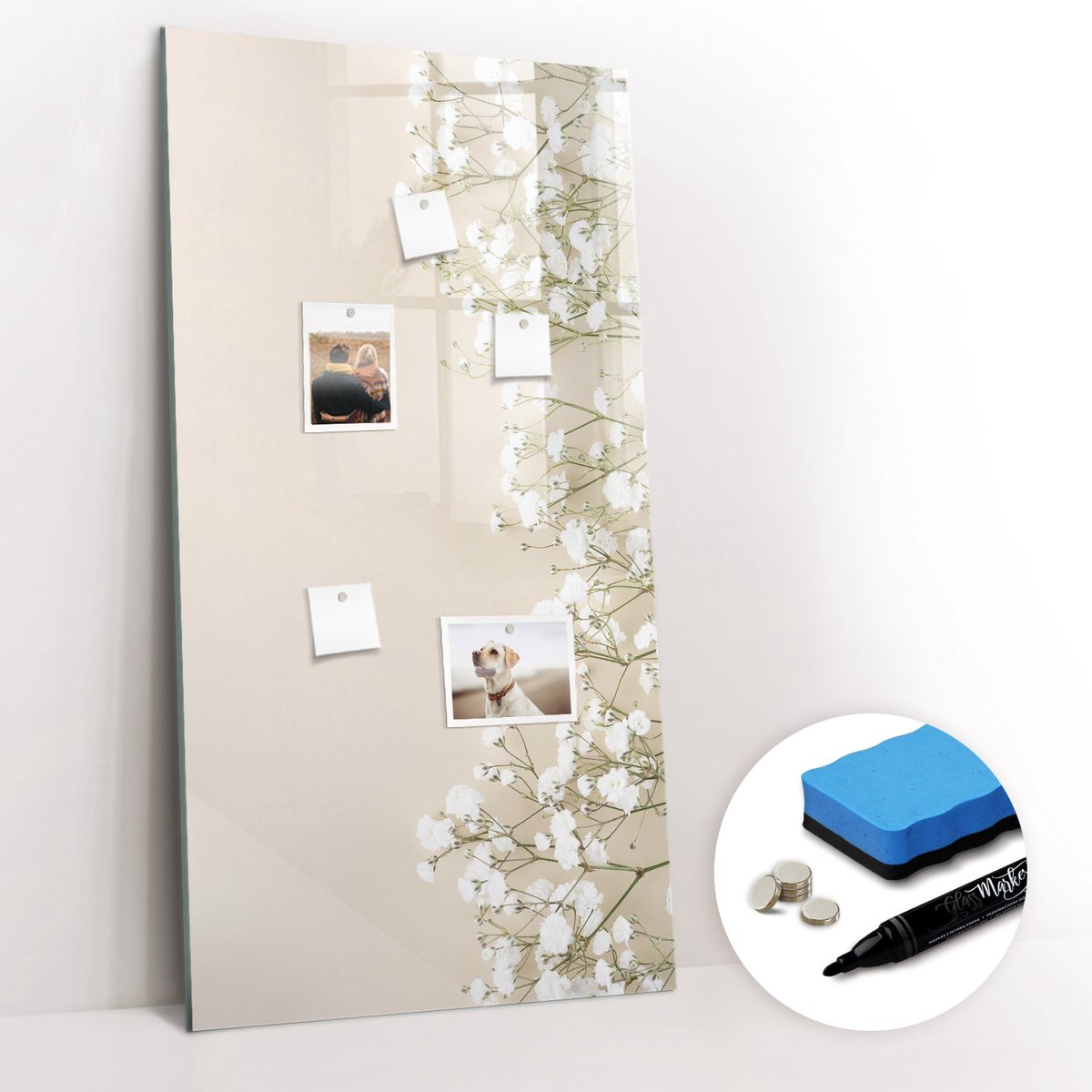 Tulup Whitebord - Tere bloemen - 60 x 120 cm - Beige Magneetbord Rechthoekig - Gratis 5 Sterke Magneten + Whiteboard Marker & Wisser - Decoratief Magnetisch Bord - Magneetbord Rechthoekig - Productiviteit Tools
