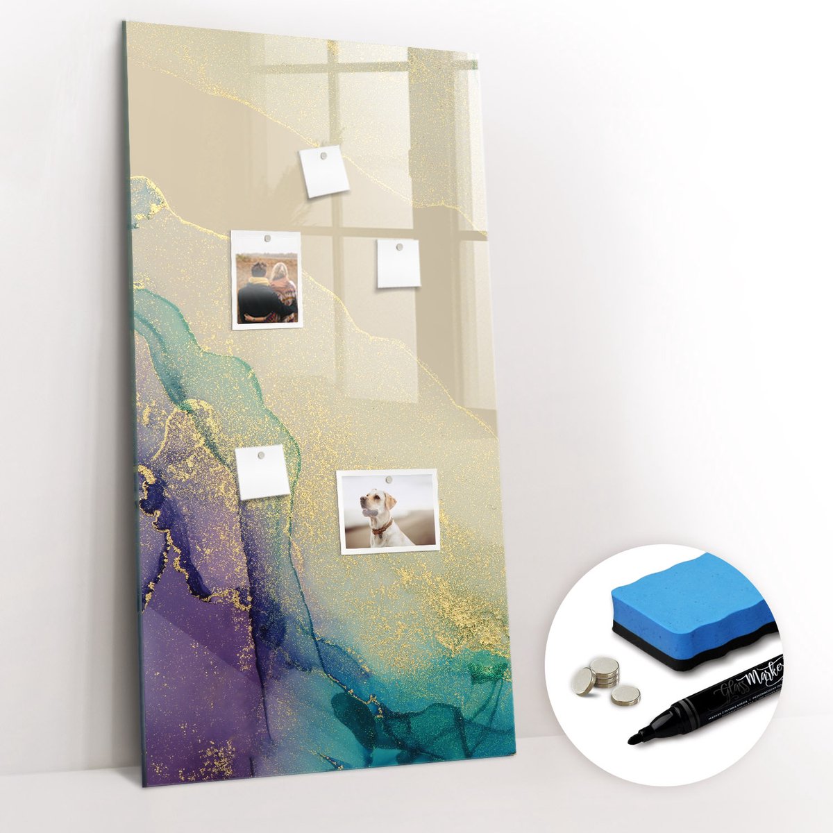 Tulup Whitebord - Kleurrijk pastelkleurig marmer - 60 x 120 cm - Groente Memobord Glas - Gratis 5 Sterke Magneten + Whiteboard Marker & Wisser - Design Memobord - Magneetbord Muur - Ideeënbord Thuiswerkplek