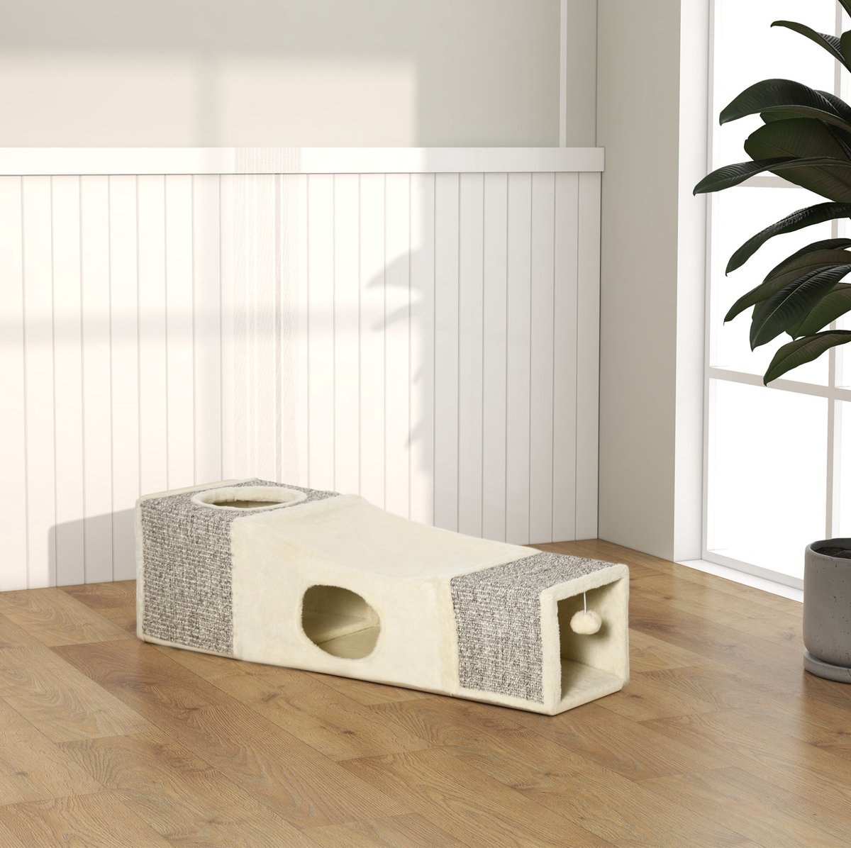 Wishdor - Krabmeubel - Katzentunnel met speelbal en sisal - speelse schuilplaats - voor de woonkamer - plywood - bruin - 98 x 30 x 30 cm