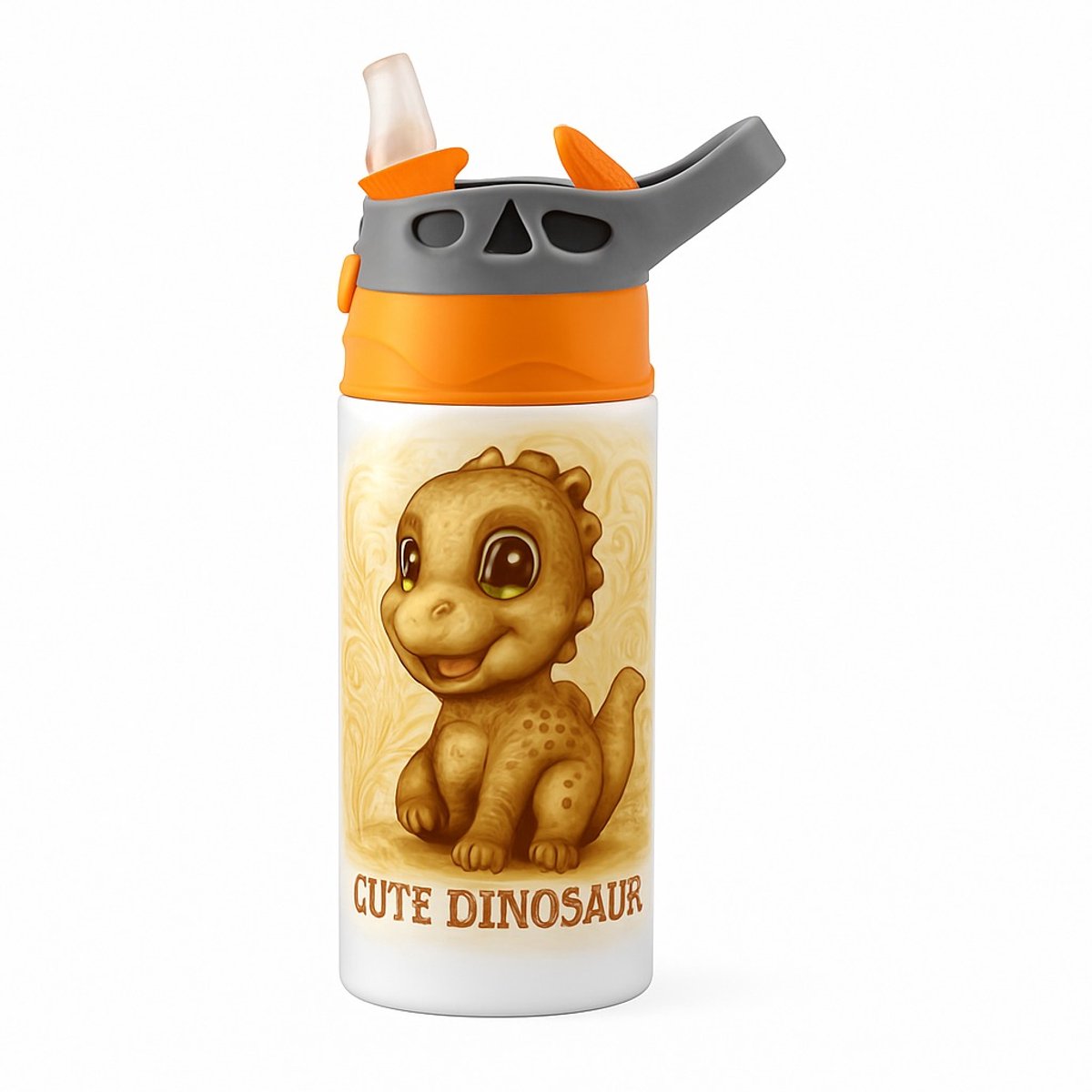 Glamoureuze Dino Cartoon Drinkfles – Trendy Drinkfles voor Jurassische Fans en Stijlvolle Avonturiers - Waterfles voor kinderen (wit/oranje)