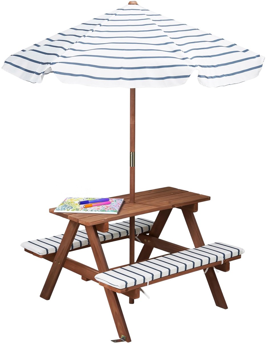 Dailygoods - Houten picknicktafel met parasol en kussens voor kinderen