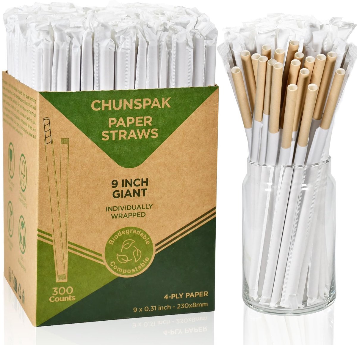 Dailygoods - Giant Papieren Rietjes - 300 stuks, kleurstofvrij, bruin papier