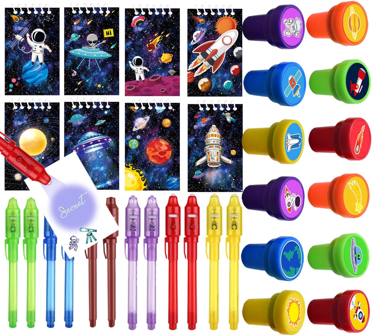Dailygoods - Ruimte-Cadeautjes Set voor Kinderverjaardag - 12 Notitieboeken, Stiften en Stempels