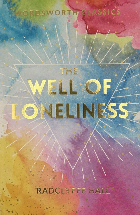 Boekomslag 'The Well of Loneliness' van Radclyffe Hall met kleurrijke aquarelachtergrond.