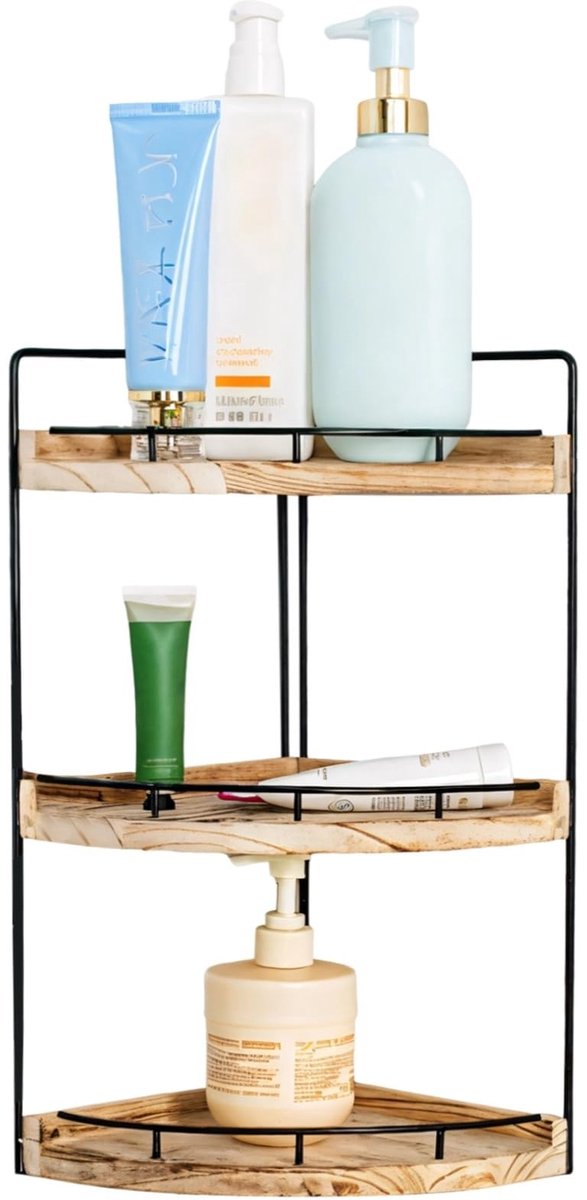 Dailygoods - Acaciahouten rek met 3 verdiepingen, ruimtebesparend opbergrek, hoekrek voor werkbladen met metalen frame, badkamerhoekrek van hout