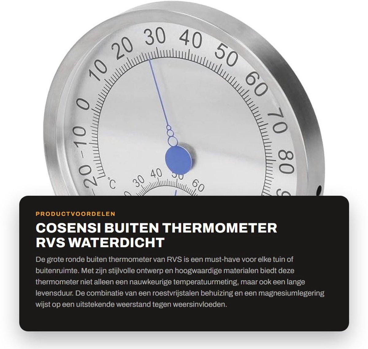 Dailygoods - Buiten Thermometer - RVS - Waterdicht en Temperatuursensor - Groot formaat - Nauwkeurige temperatuur - Geschikt voor buitengebruik - Zilver