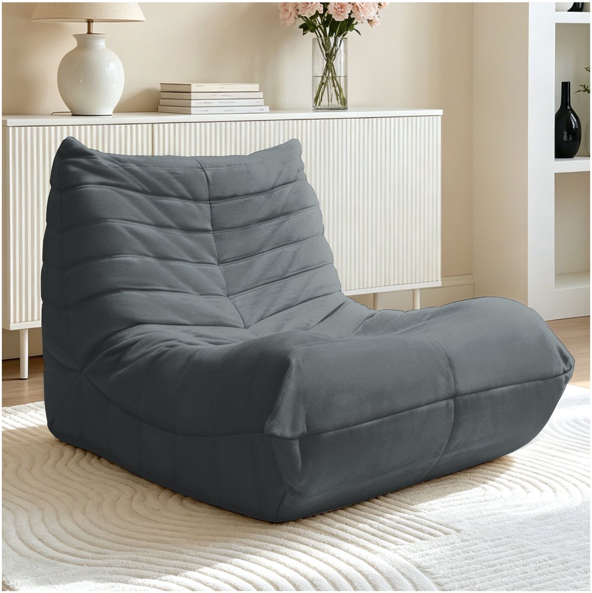 Re-purelife® Vloerstoel loungestoel grijs 100×90×70 cm - ergonomische lazy sofa met flanel
