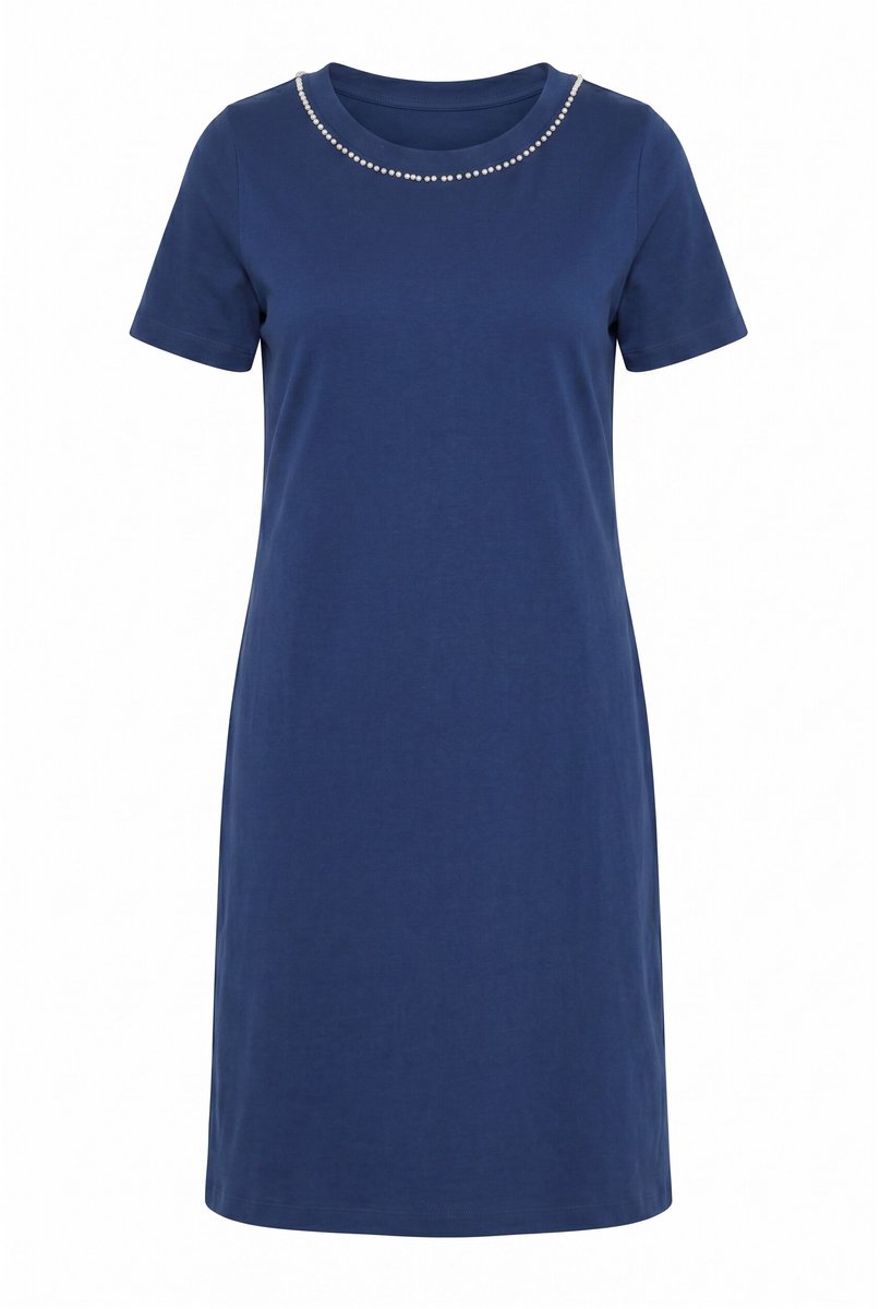 MIAMODA - Dames - Jersey jurk A-lijn sierkraaltjes korte mouwen - Donkerblauw - Maat 44