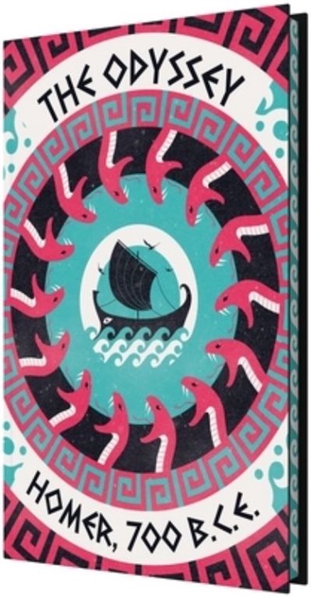 Boek kaft met de titel 'The Odyssey', Homer, 700 v.Chr. in roze, blauwe en zwarte kleuren. Een schip vaart op zee, omringd door slangenkoppen in een cirkelvormig patroon.
