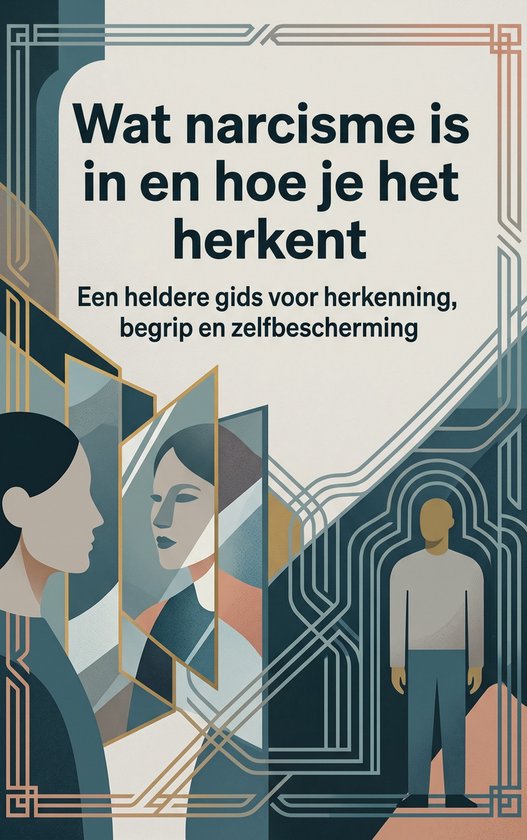 Couverture de livre avec le titre 'Ce qu'est le narcissisme et comment le reconnaître' et illustrations de reflets et de personnes.