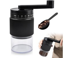 Zwarte handmatige koffiemolen met keramische maalschijf, draagbare bonenmaler met 40g inhoud en 35 instelbare maalgraden, stil compact model voor espresso, filterkoffie, french press en cold brew, geschikt voor thuis en reizen
