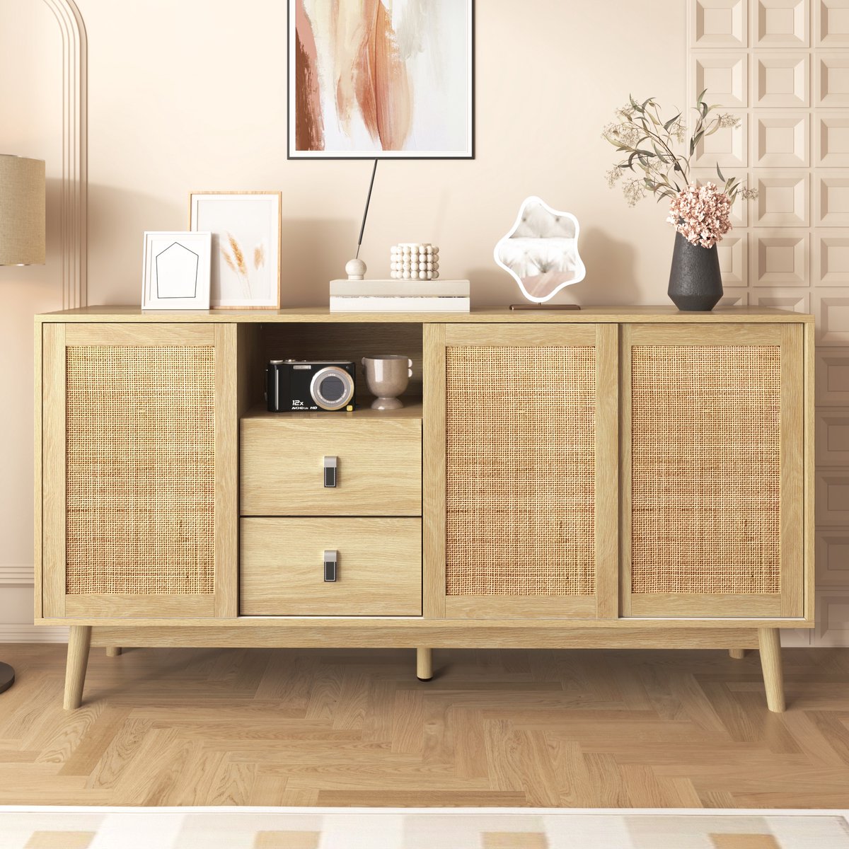 MODFU - Dressoir - 3 Schuifdeuren - Echt Rattan - 2 Lades - Houtkleur - 155 X 38 X 80 Cm