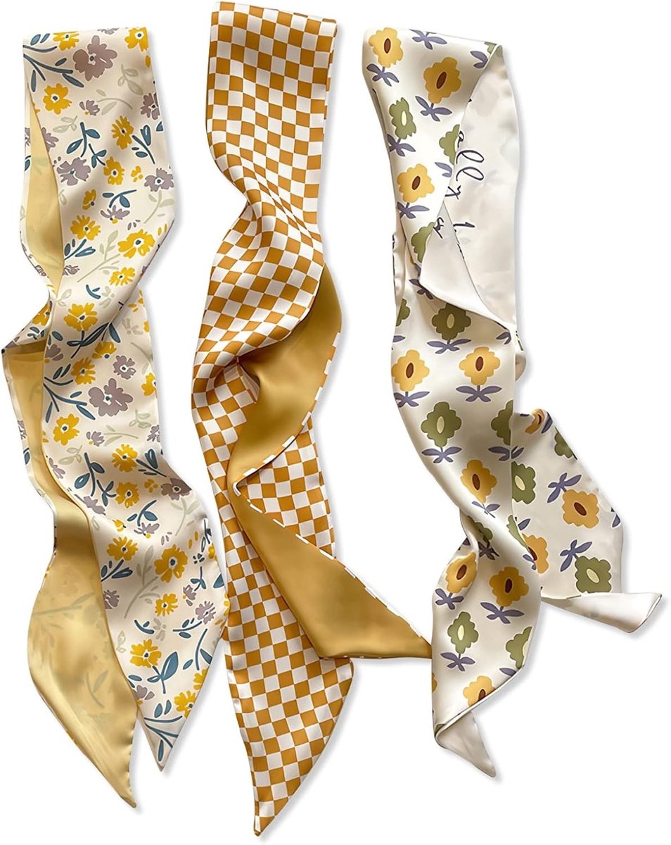 3 Stuks Skinny Zijden Sjaal voor Vrouwen en Meisjes met Bloemenprint en Stippenpatroon - Lange Halsdoek van Satijn, Perfect voor Elke Gelegenheid