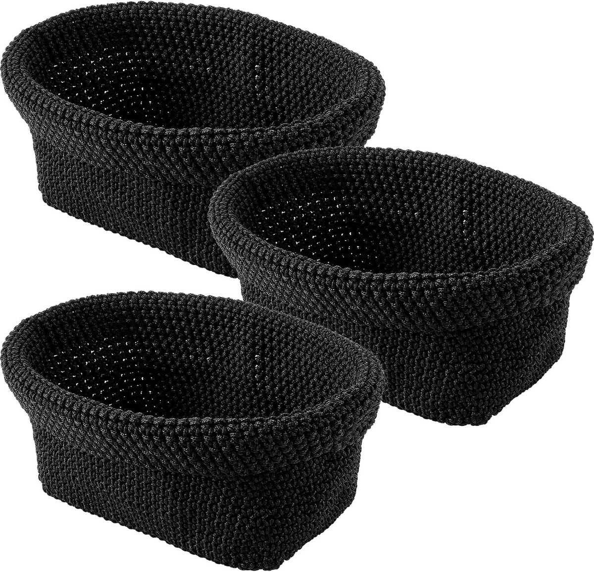 Set van 3 Opbergmanden, gehaakt in zwart, 21 x 13 x 15,5 cm | Multifunctionele en opvouwbare manden voor badkamer, woonkamer en kantoor
