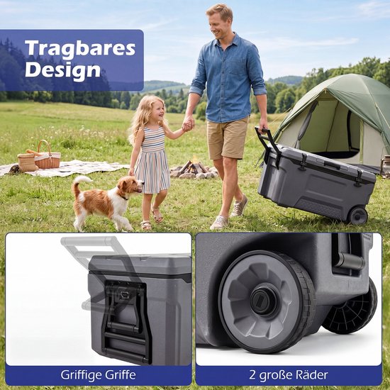 COSTWAY Koelbox, grote thermobox van kunststof met wielen en handgreep, isolatiebox met afvoerstop, bekerhouder en veiligheidssluiting, draagbare koelkast voor camping en picknick van Costway — afbeelding 2