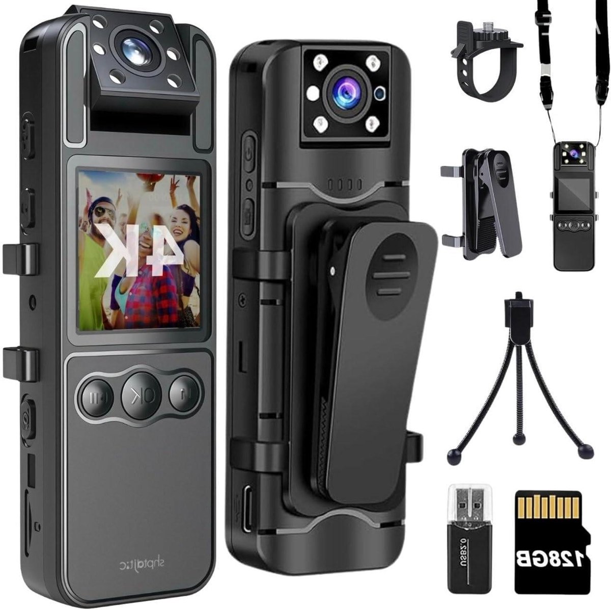 Bodycam 4K - Draagbare camera - Veiligheid en opnames - 180° draaibare lens - 128 GB opslag - Zwart