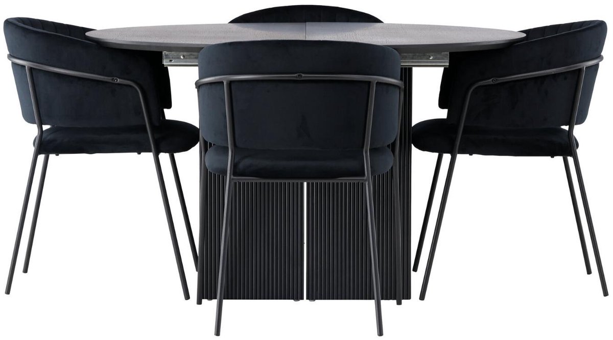 Matilda eethoek eettafel met uitschuifbare functie zwart 4 stoelen velours zwart.