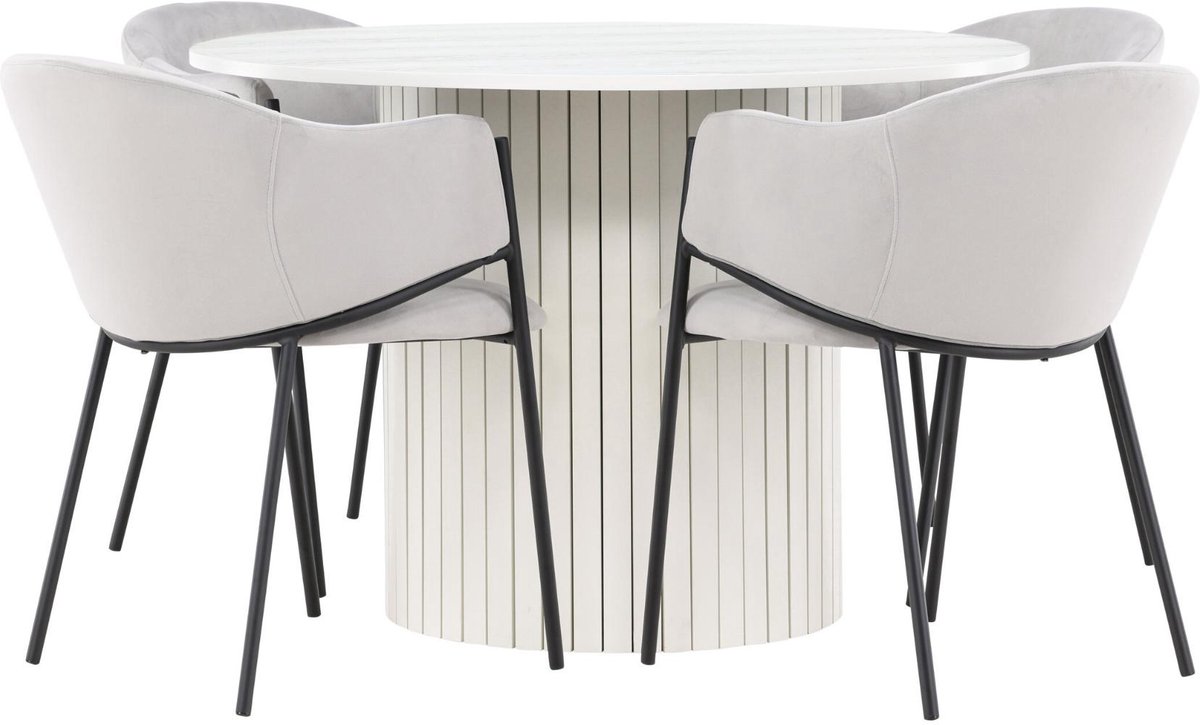 Härön eethoek eettafel wit 4 stoelen velours grijs.