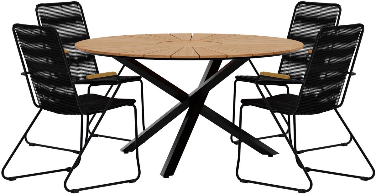 Mexico tuinmeubelset tafel Ø140cm naturel 4 stoelen zwart.