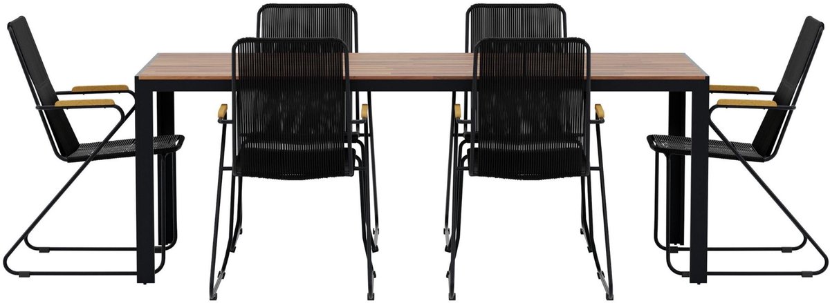 Bois tuinmeubelset tafel 90x200cm naturel 6 stoelen zwart.