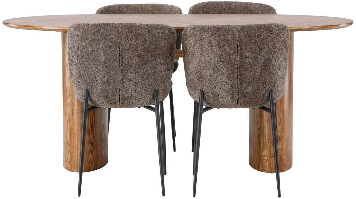 Isolde eethoek eettafel naturel 4 stoelen bouclé bruin.