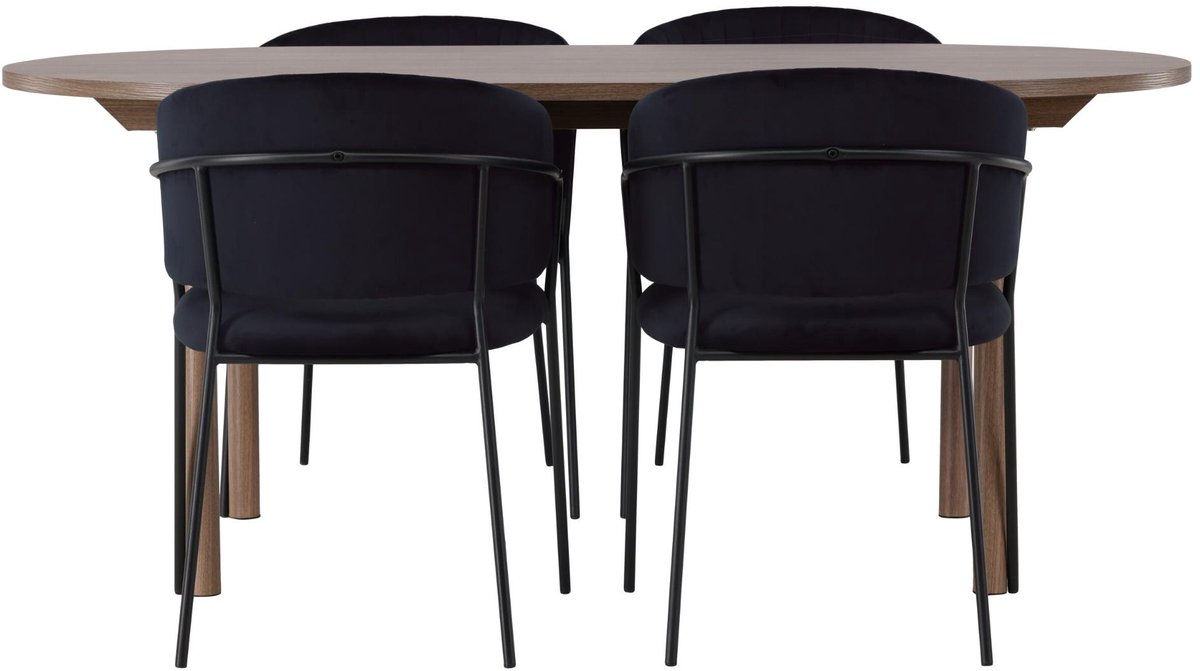 Andy eethoek eettafel naturel 4 stoelen velours zwart.