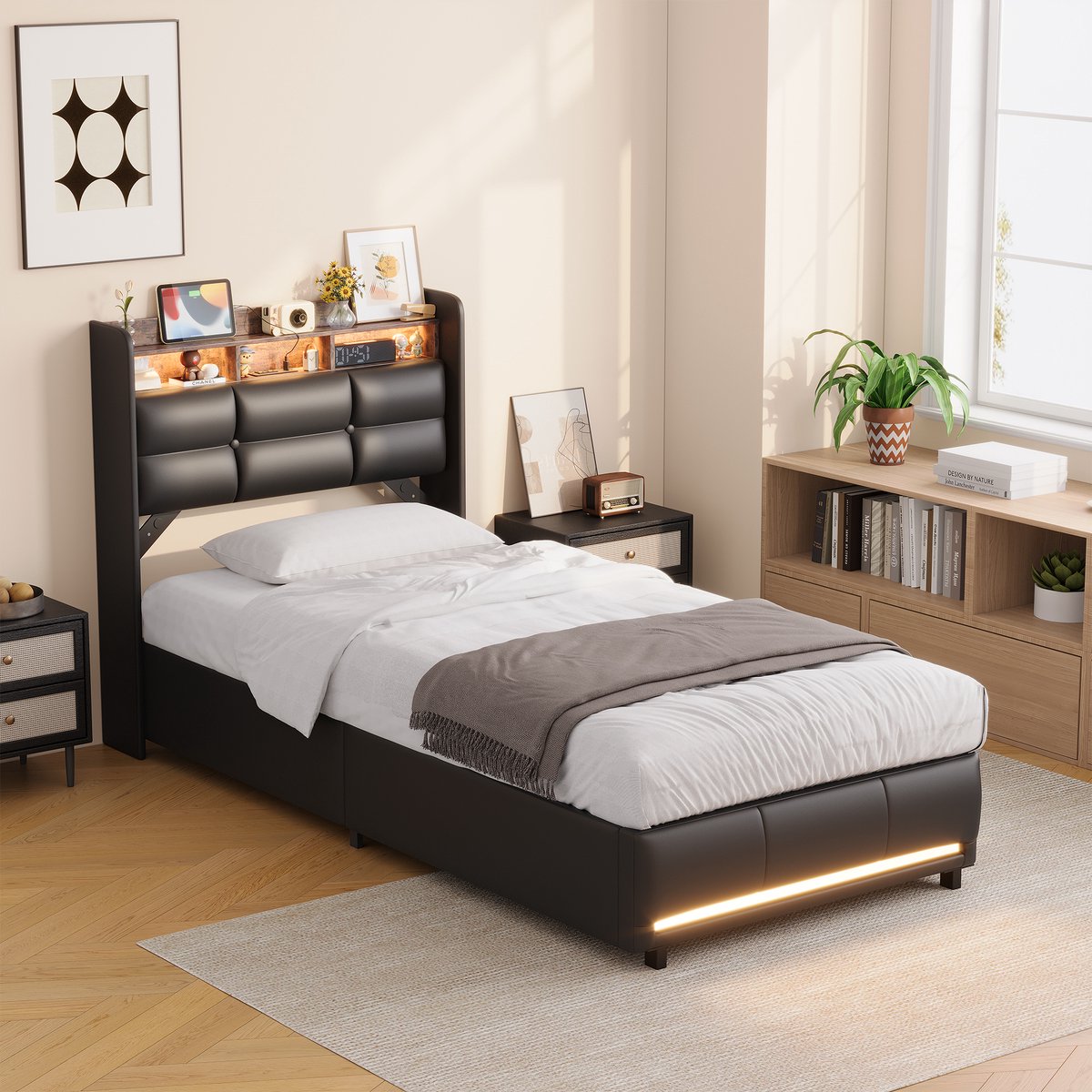 Eenpersoonsbed 90x200 cm met Hydraulische Opbergruimte, RGB-Verlichting en USB-C Laadstation