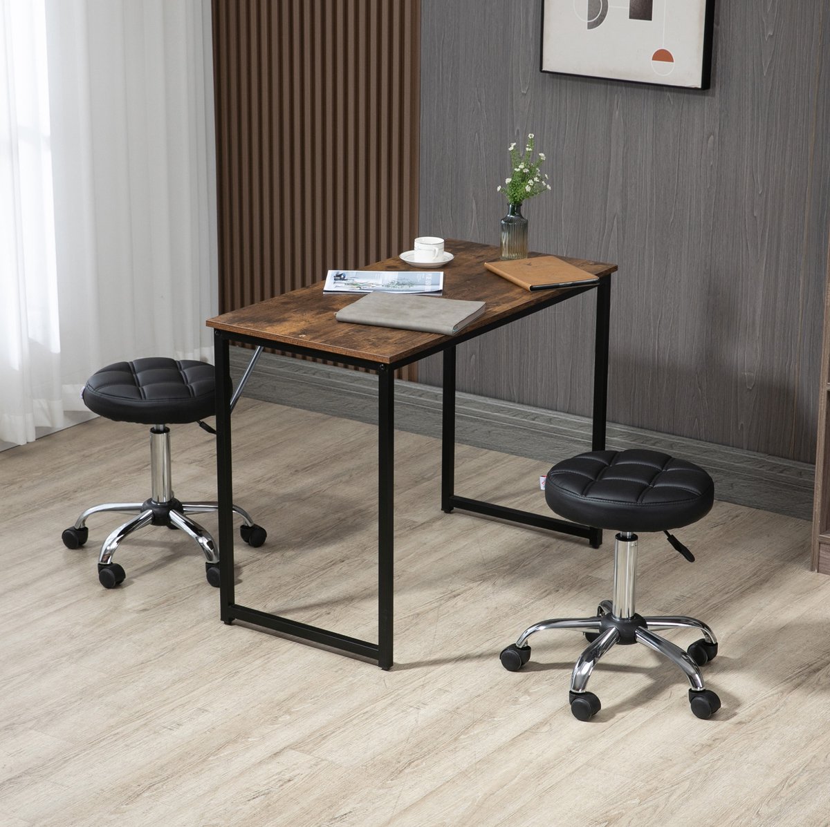 DESMIU Bureaukruk 35,5 x 48-63 cm - Draaibaar En Hoogteverstelbaar Met Wielen - Voor Salon En Studio - Kunstleer - Zwart