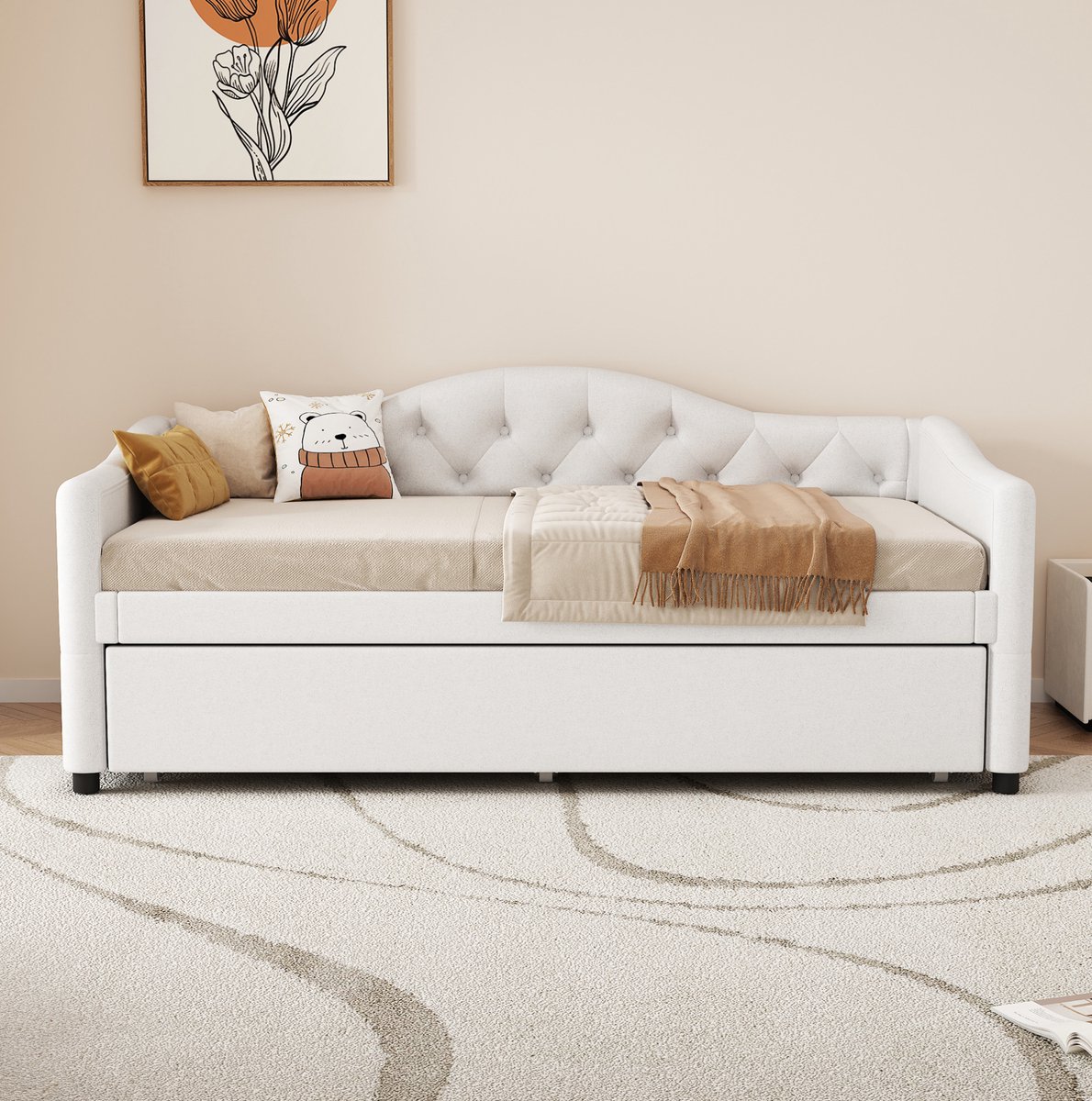 OKWISH Eenpersoons Slaapbank 90x200 cm Uitklapbaar Bed Met Onderbed Zonder Matras Linnen Look Beige Voor Woonkamer En Slaapkamer