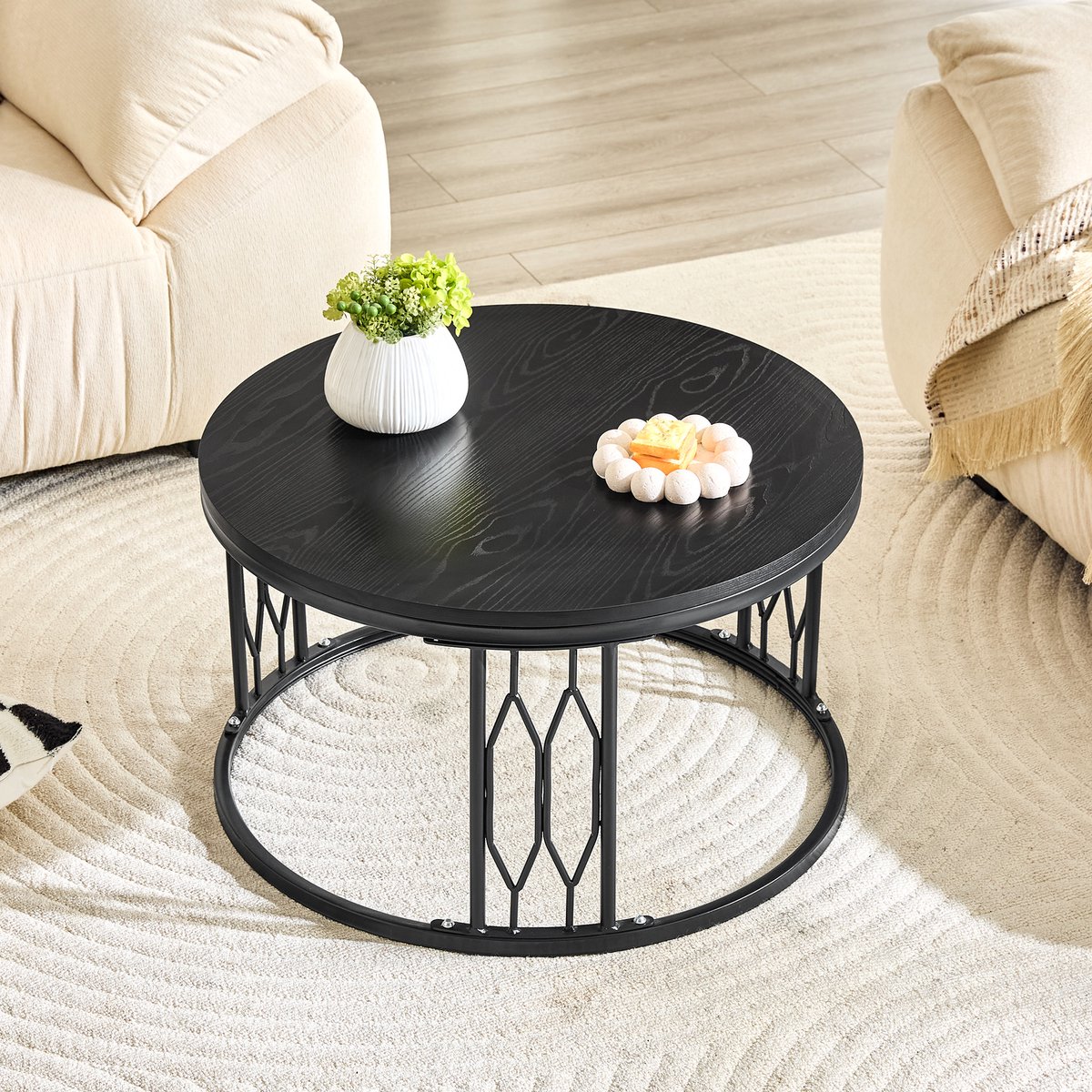 FloraGrace Salontafel - Ronde Houtlook Tafel Met Metalen Frame - Modern Voor Woonkamer En Zithoek - MDF En Metaal - 70x70x40,5 Cm - Zwart
