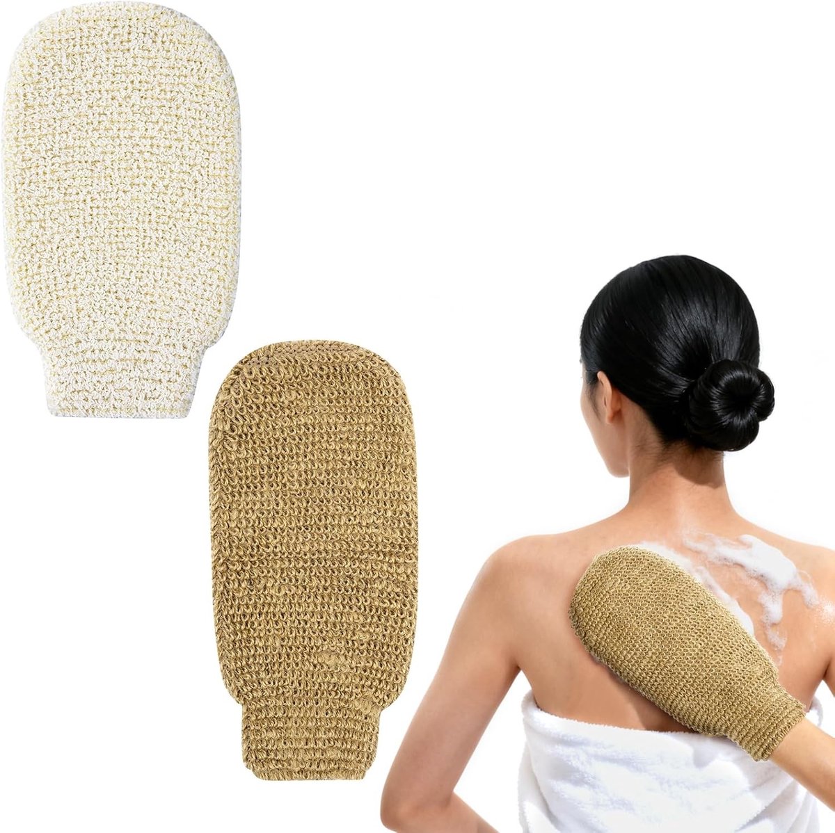 Jute Peeling Handschoenen, 2 Stuks, Exfoliërende Douchehandschoenen voor Mannen en Vrouwen, Ideaal voor Spa, Massage en Verwijdering van Dode Huid, 2 Kleuren