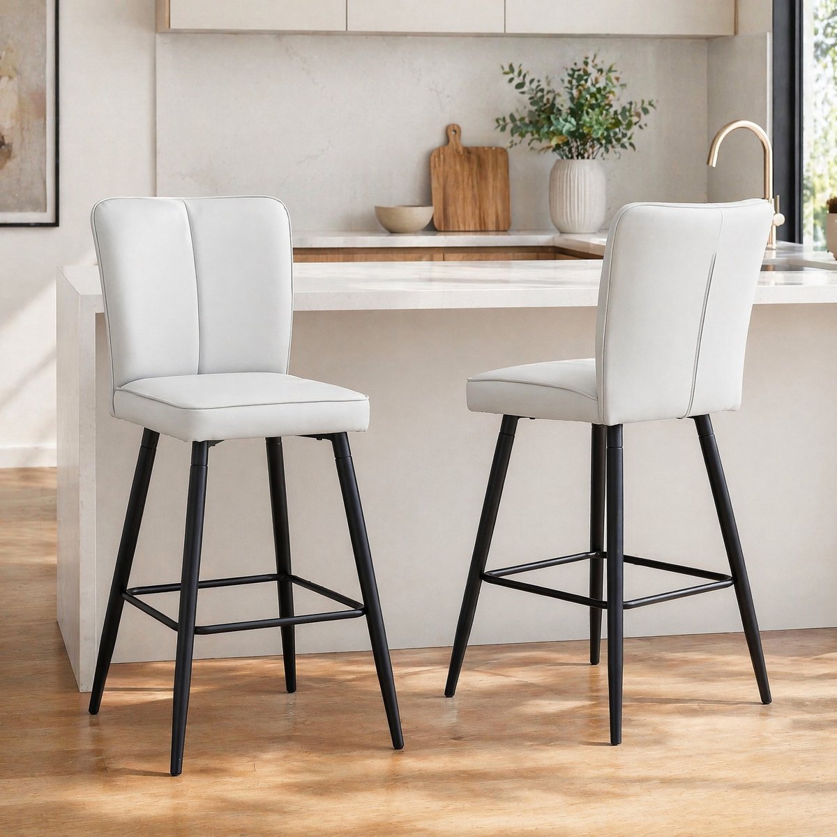 DESMIU Barkruk 101 Cm - Set Van 2 Met Ergonomische Rugleuning En Voetsteun - Voor Keuken En Bartafel - Kunstleer En Metaal - Lichtgrijs Zwart